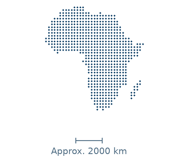 Blue dotted geographic map of africa, with approximate distance scale