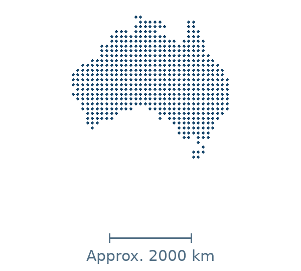 Blue dotted geographic map of Australia, including Tasmania, with approximate distance scale