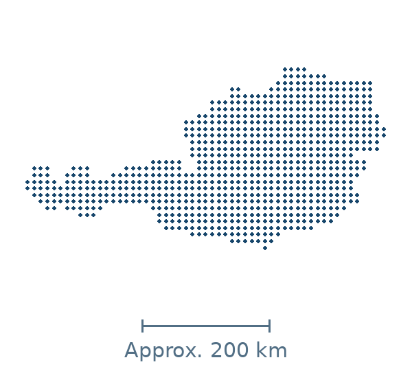 Blue dotted map of austria in Europe, with approximate distance scale