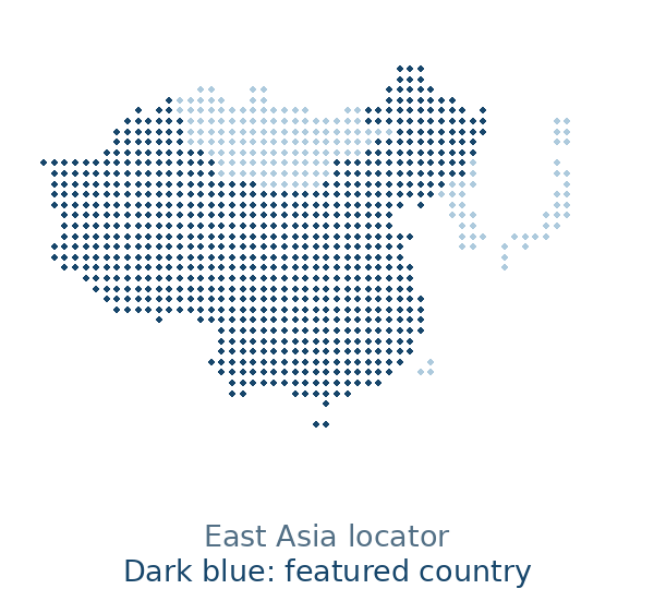 East Asia dotted locator map: China highlighted in dark blue, neighbors in light blue