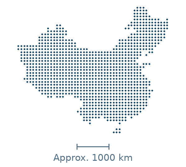 Blue dotted geographic silhouette of China, with an approximate distance scale