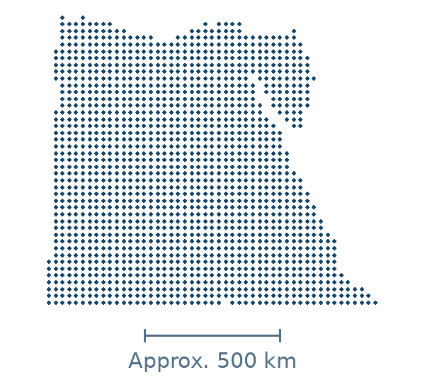 Blue dotted geographic map of egypt, with approximate distance scale