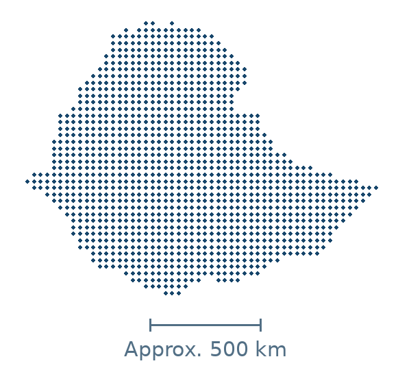 Blue dotted geographic map of ethiopia, with approximate distance scale