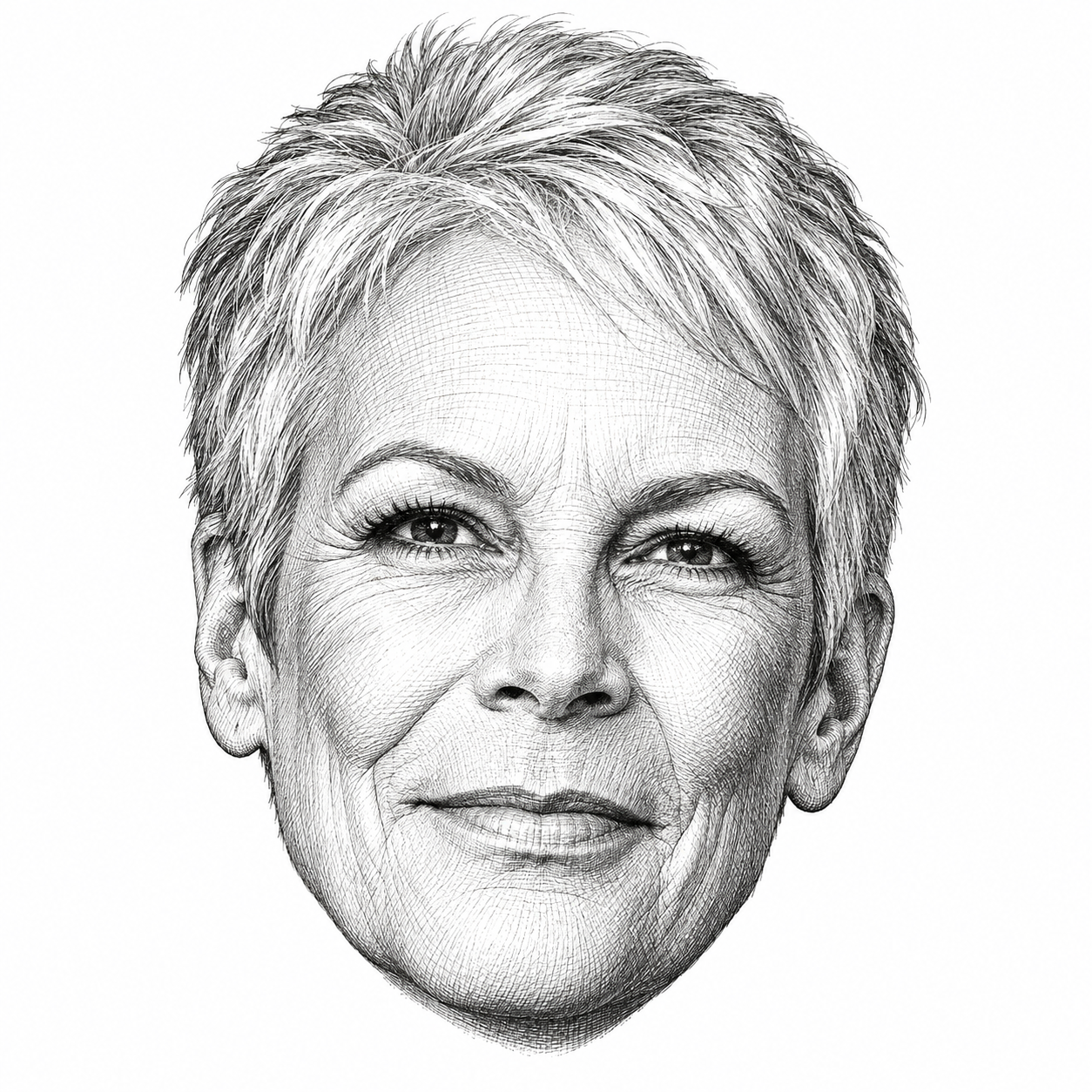 AI-generated head-only illustration of Jamie Lee Curtis