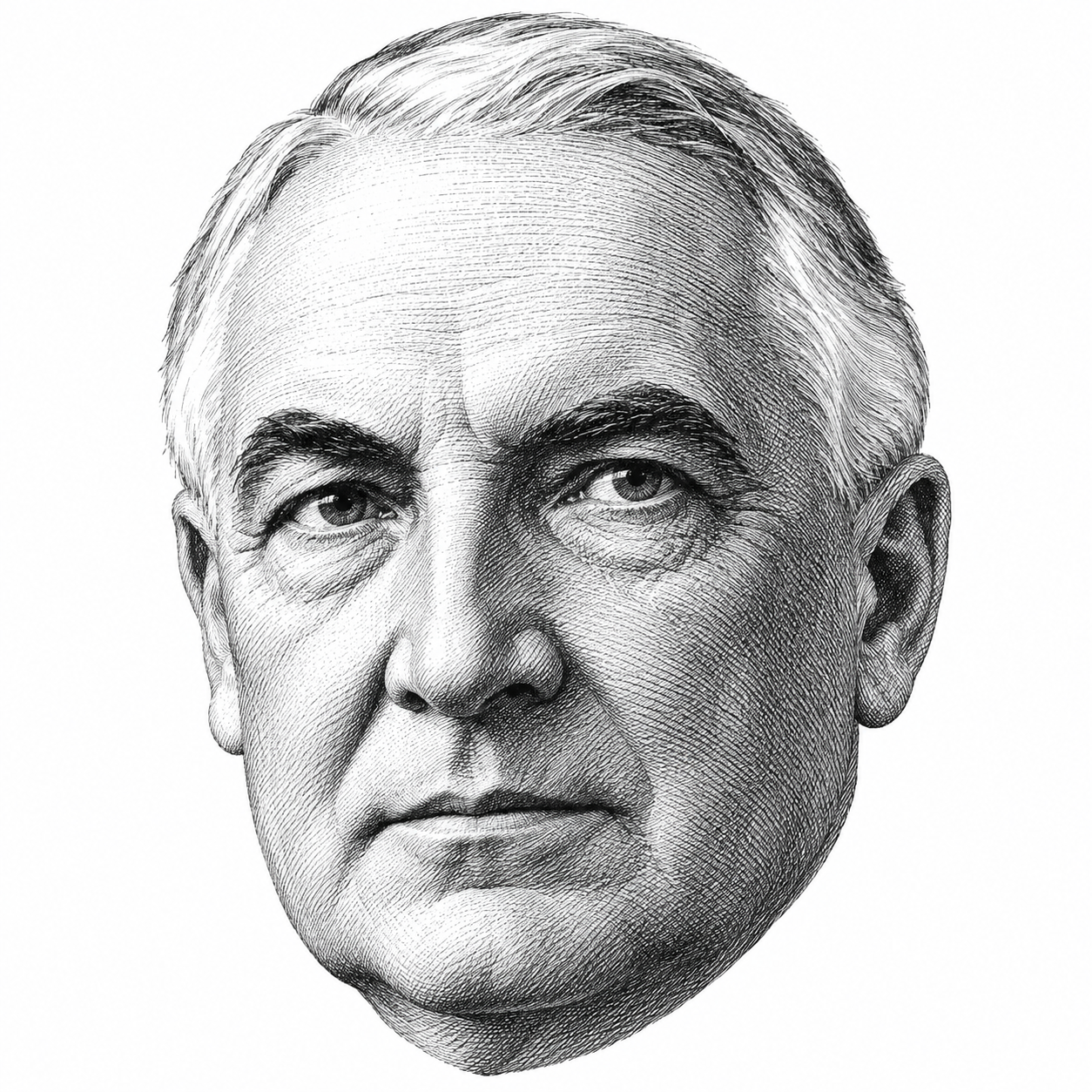 AI-generated black-and-white head-only illustration of Warren G. Harding