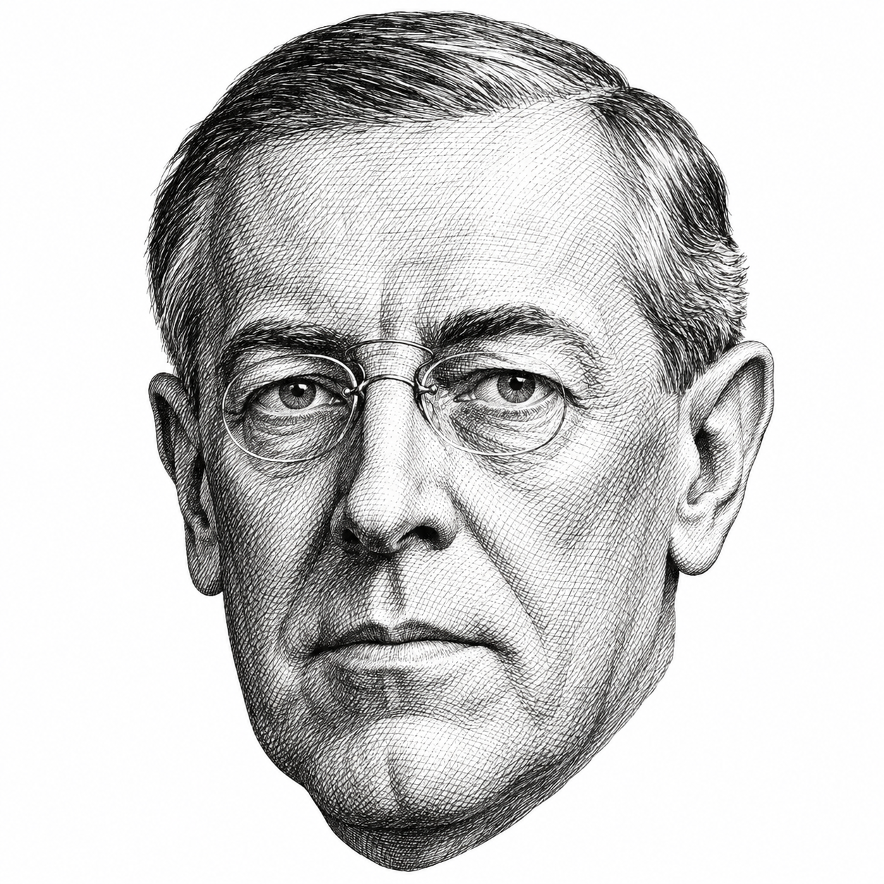 AI-generated black-and-white head-only illustration of Woodrow Wilson