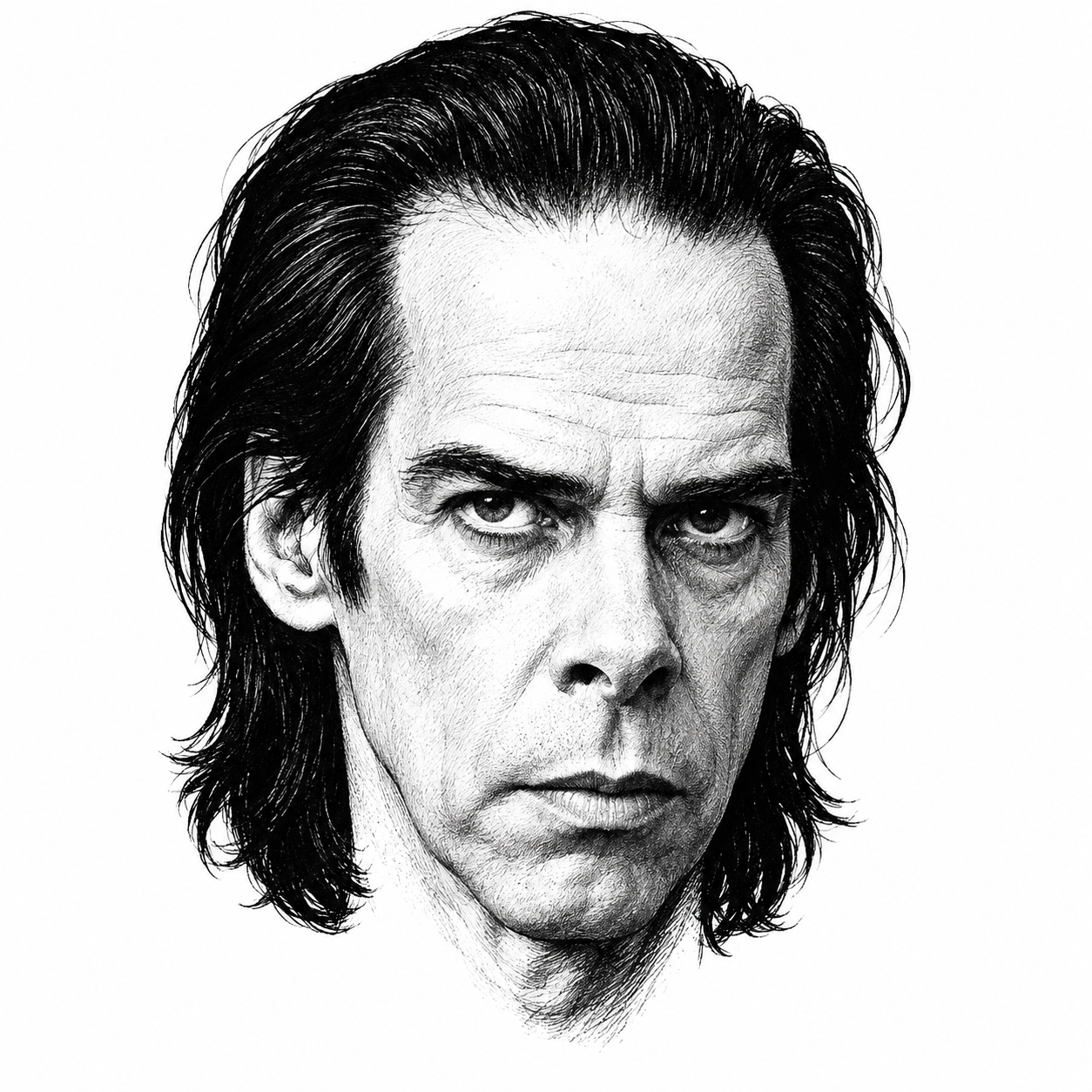 AI-generated head-only illustration of Nick Cave