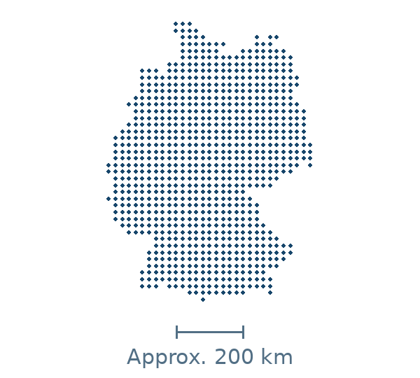Blue dotted map of germany in Europe, with approximate distance scale