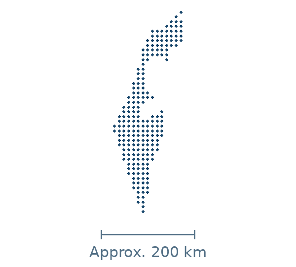 Blue dotted geographic map of israel, with approximate distance scale
