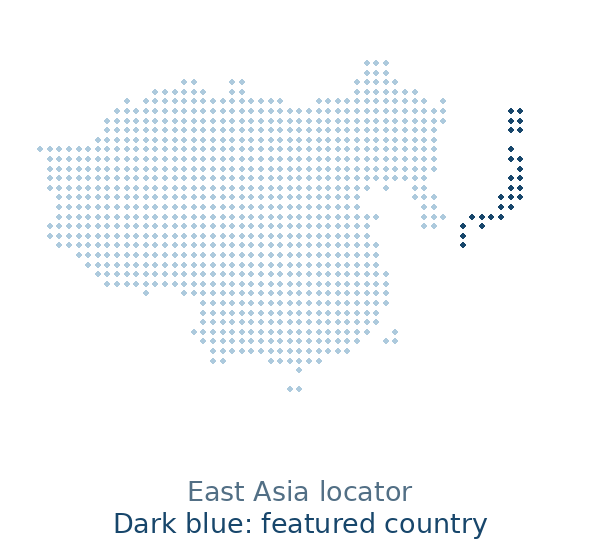East Asia dotted locator map: Japan highlighted in dark blue, neighbors in light blue