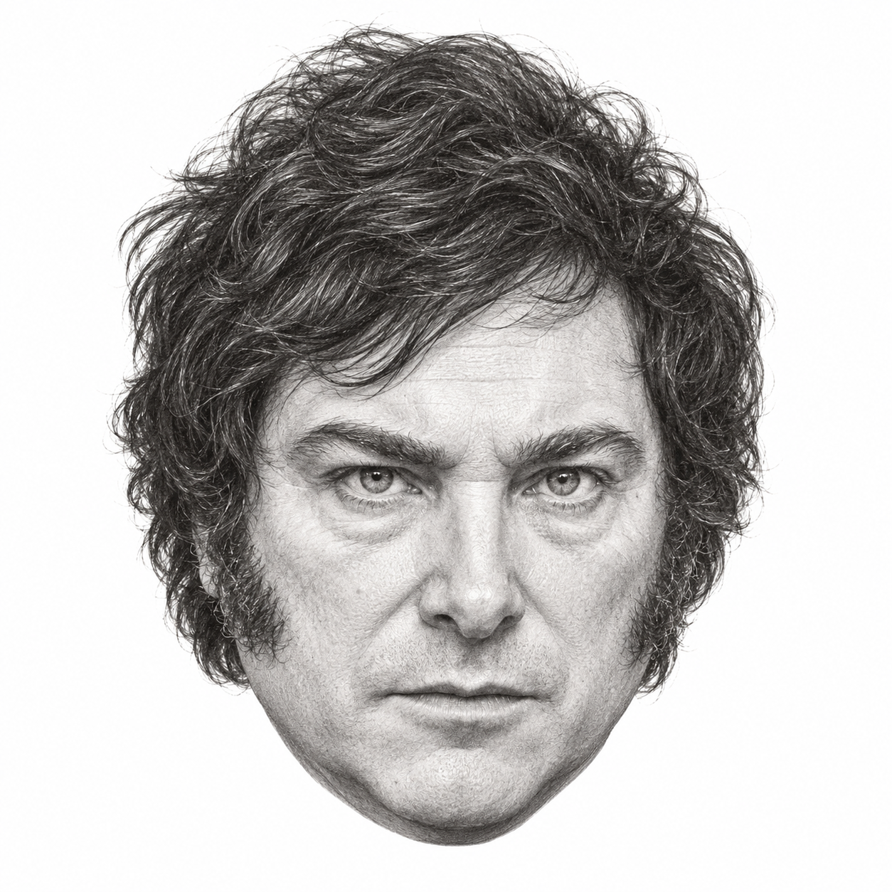 AI-assisted black-and-white portrait illustration of Javier Milei