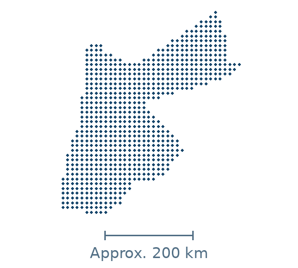 Blue dotted geographic map of jordan, with approximate distance scale