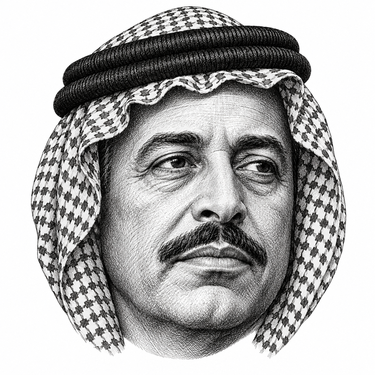 AI-generated black-and-white head-only illustration of King Abdullah I of Jordan