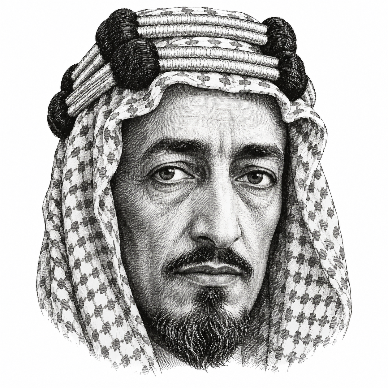 AI-generated black-and-white head-only illustration of King Faisal I of Iraq