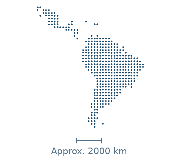 Dotted geographic map of Mexico, Central America, the Caribbean and South America, with approximate distance scale