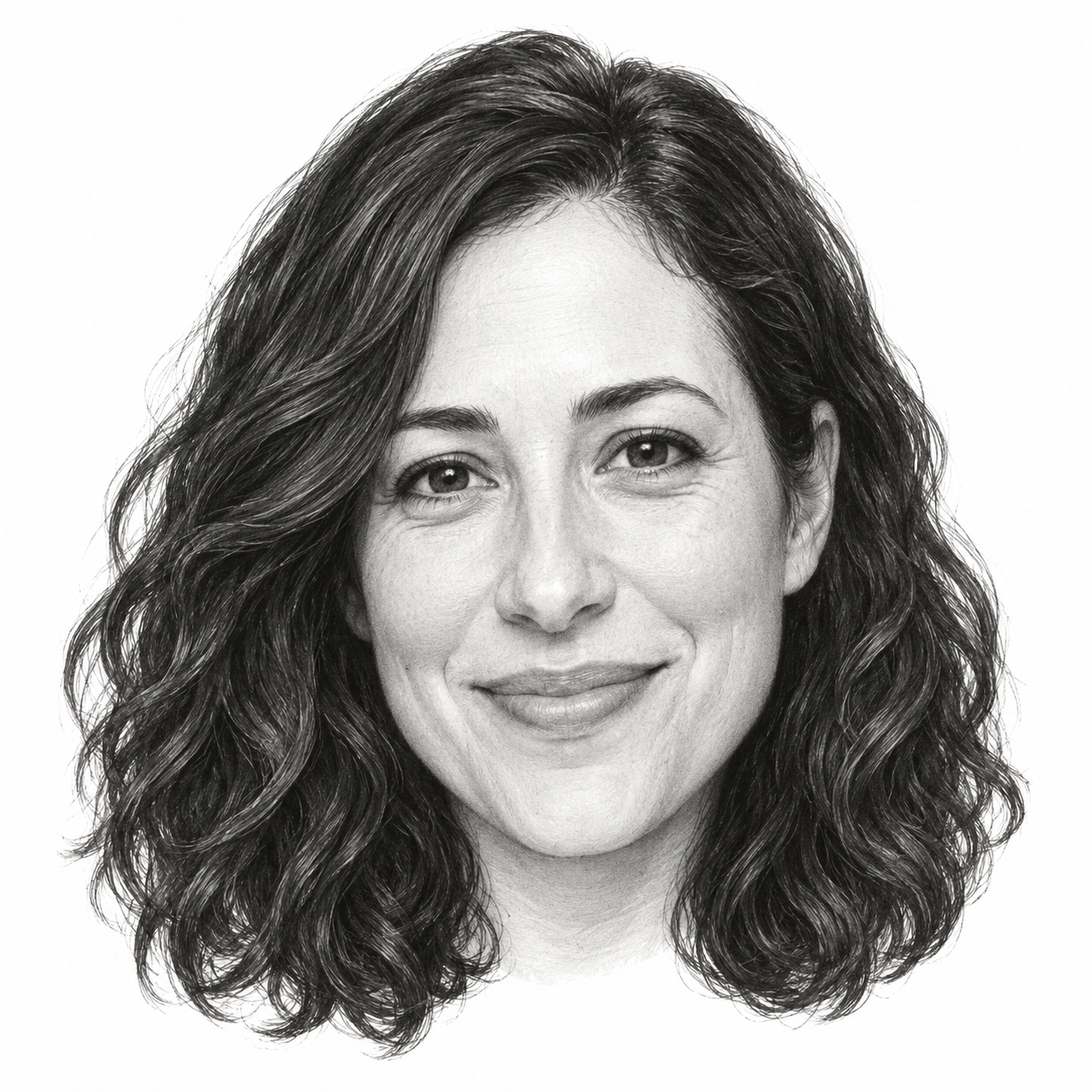AI-assisted black-and-white portrait illustration of Leah Soibel