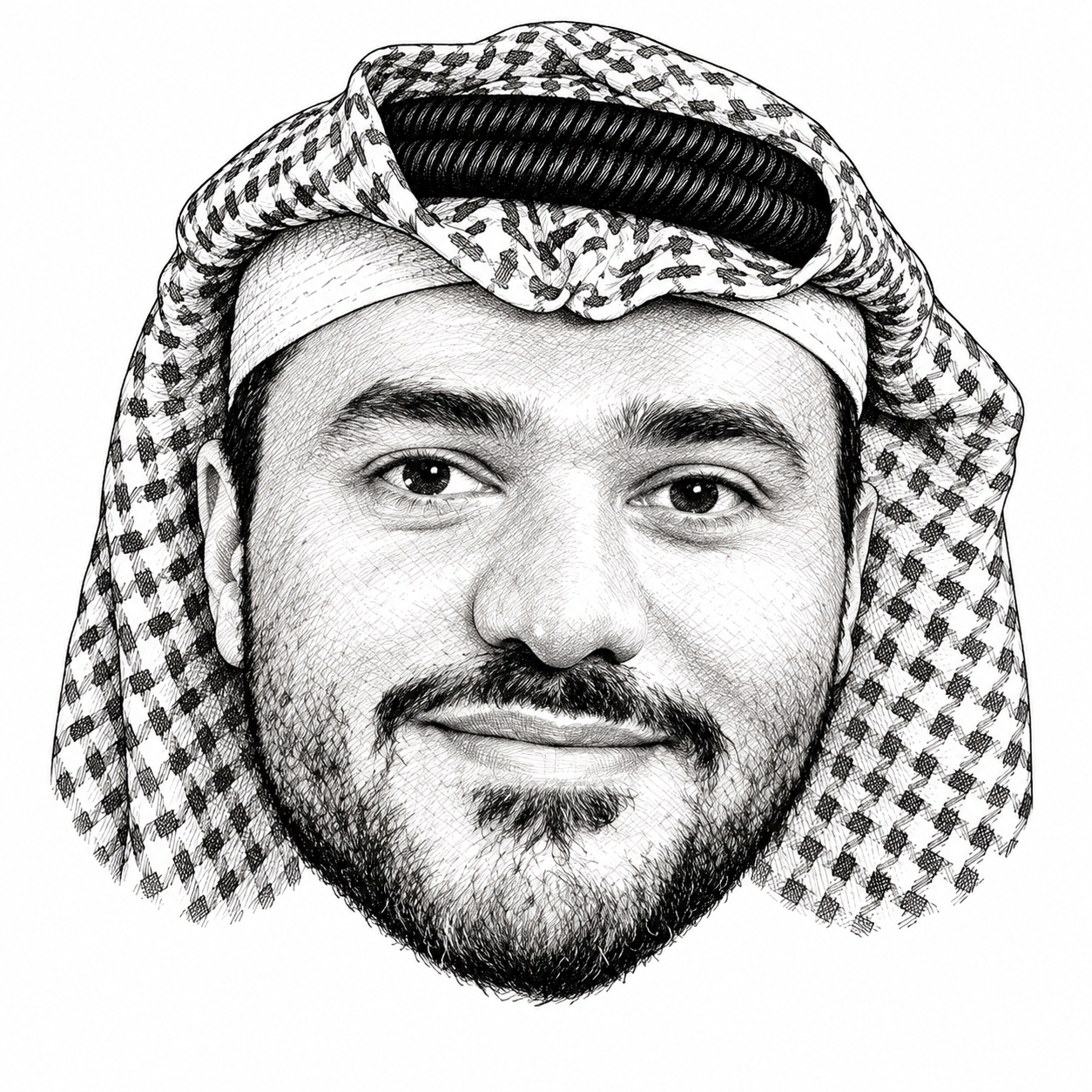 AI-generated black-and-white head-only illustration of Loay Al-Shareef