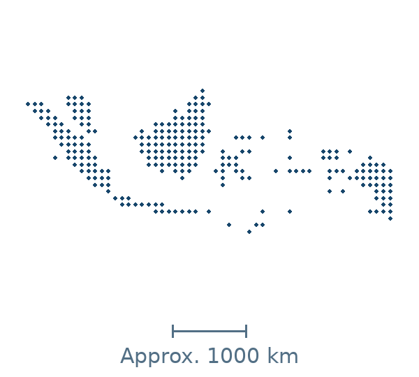 Blue dotted geographic silhouette of Malaysia, Indonesia, with an approximate distance scale