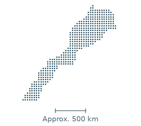 Blue dotted geographic map of morocco, with approximate distance scale