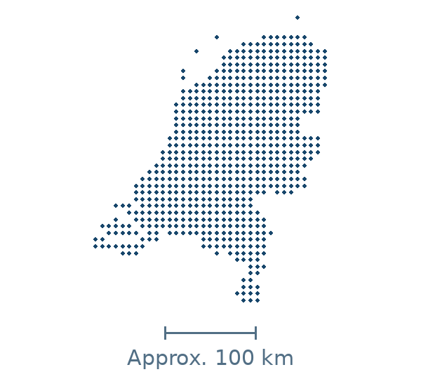 Blue dotted map of netherlands in Europe, with approximate distance scale
