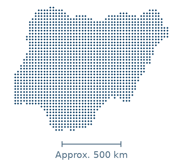 Blue dotted geographic map of nigeria, with approximate distance scale