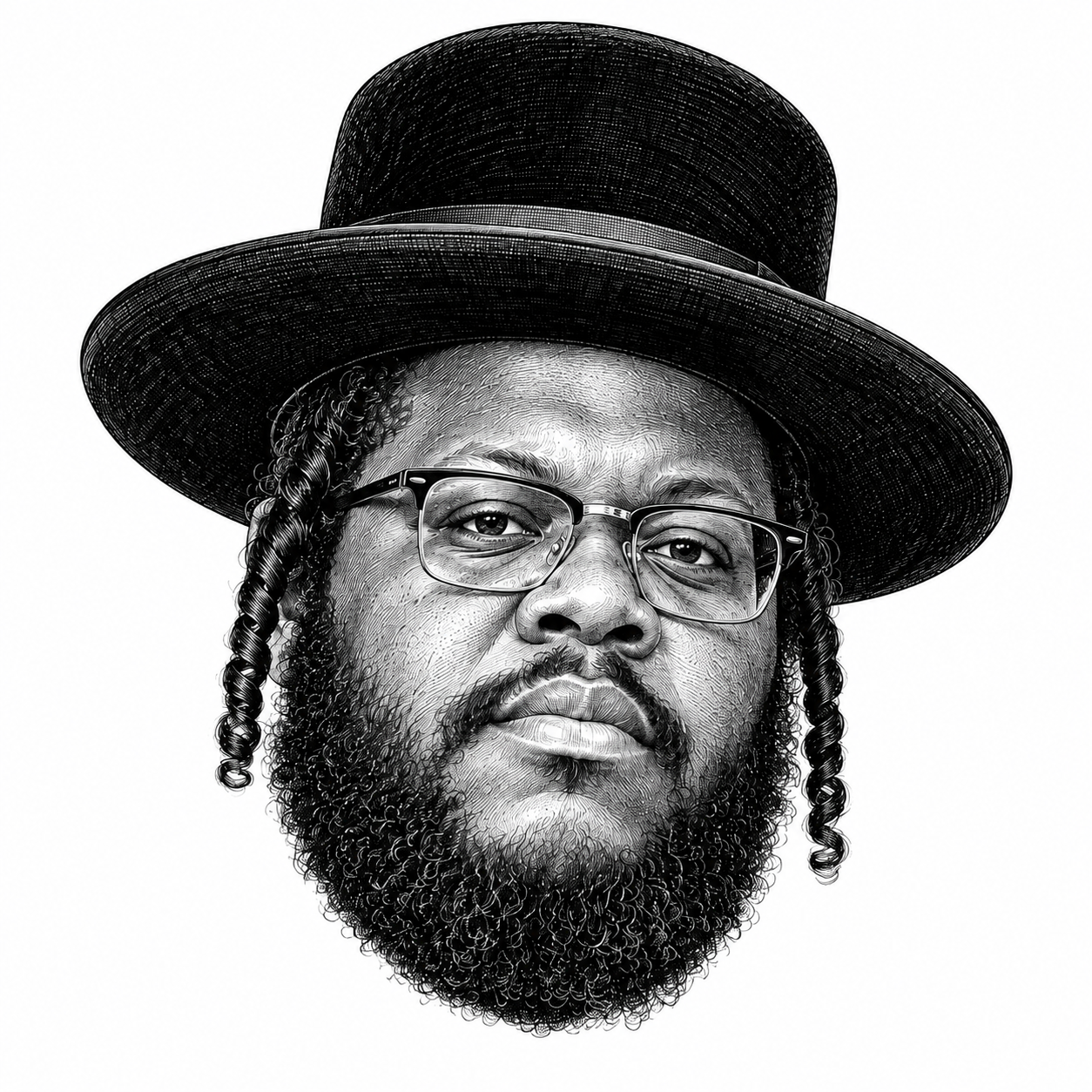AI-generated black-and-white head-only illustration of Nissim Black