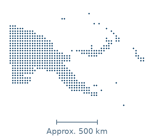 Blue dotted map of Papua New Guinea, with approximate distance scale
