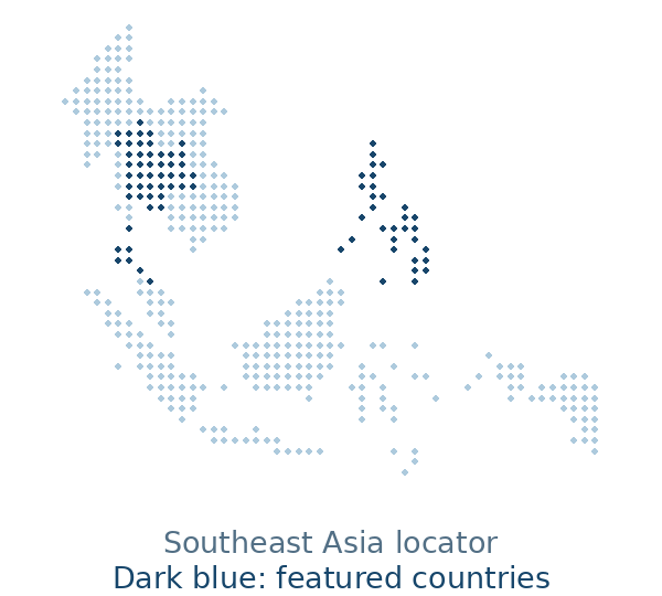 Southeast Asia dotted locator map: Philippines and Thailand highlighted in dark blue, neighbors in light blue