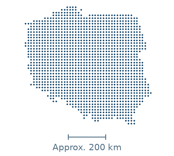 Blue dotted map of poland in Europe, with approximate distance scale