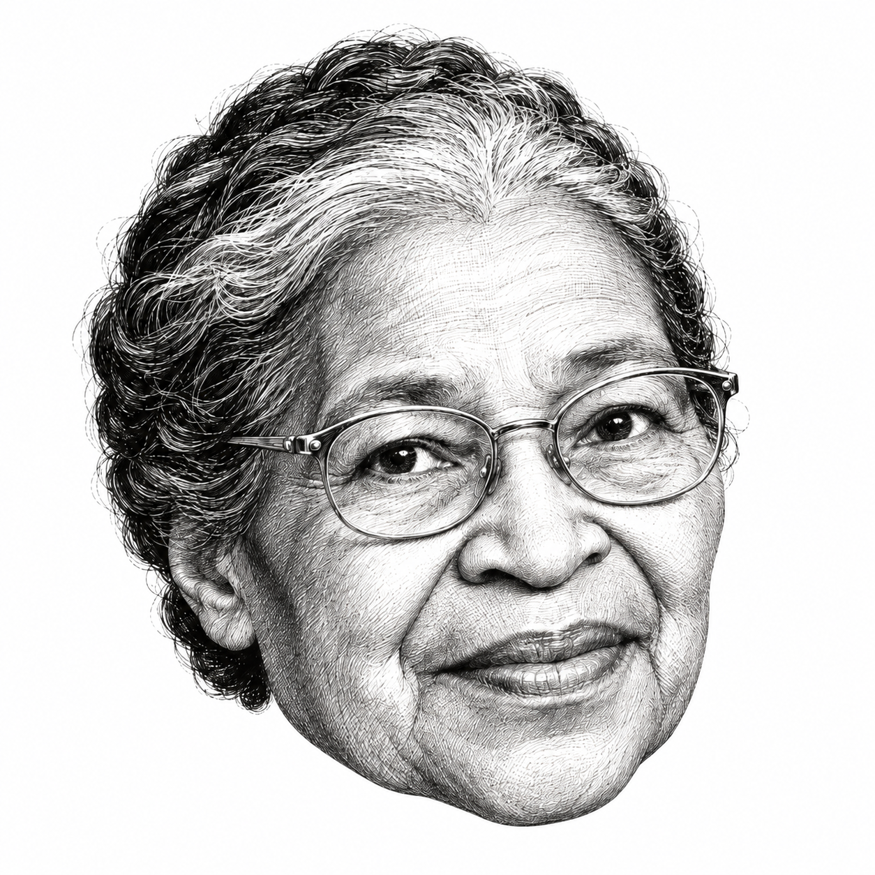 AI-generated black-and-white head-only illustration of Rosa Parks