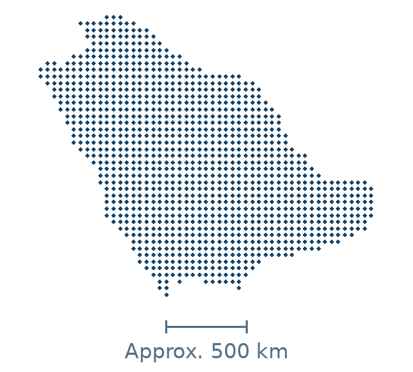 Blue dotted geographic map of saudi arabia, with approximate distance scale