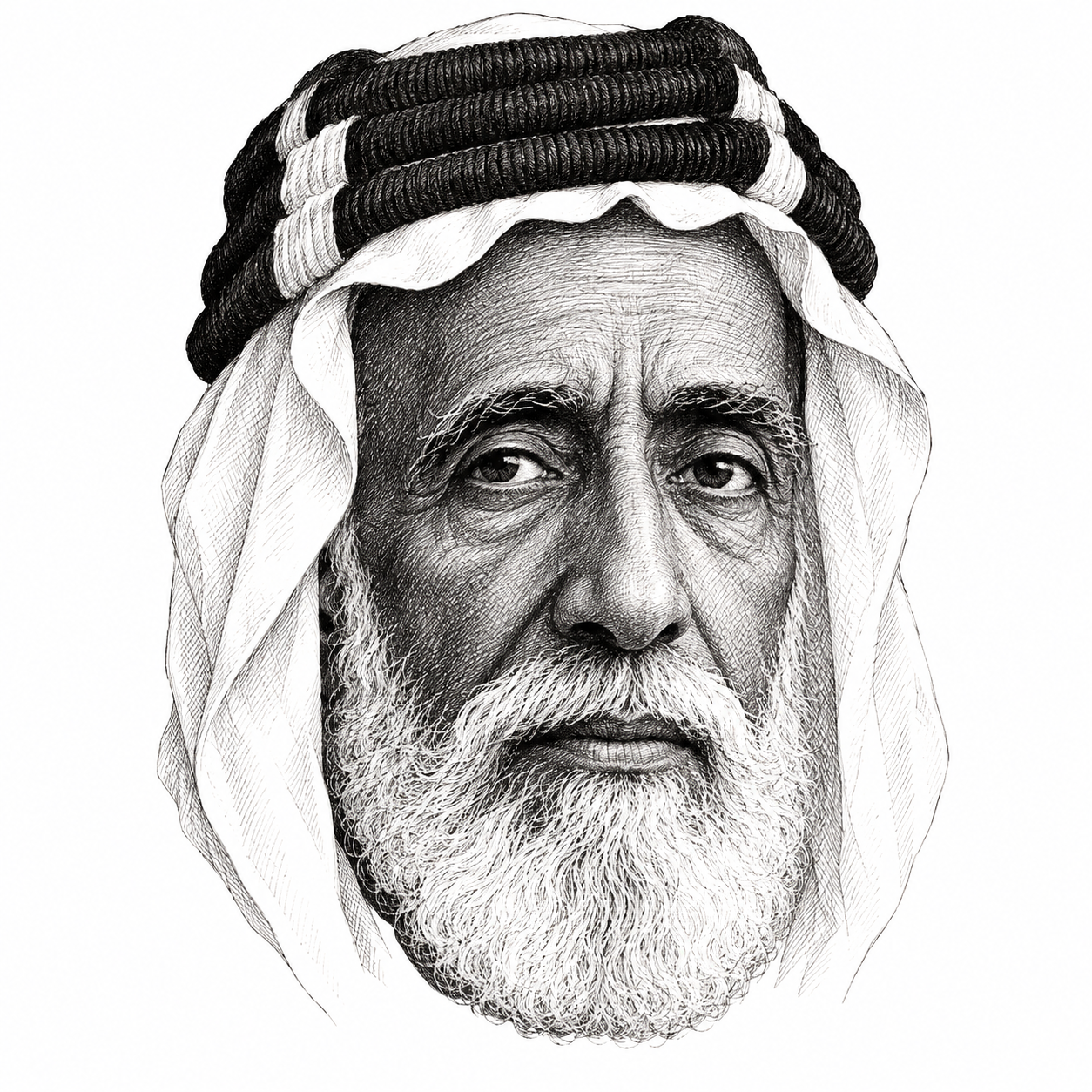 AI-generated black-and-white head-only illustration of Sharif Hussein bin Ali