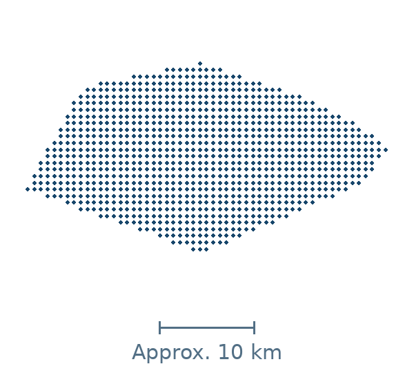 Blue dotted geographic silhouette of Singapore, with an approximate distance scale