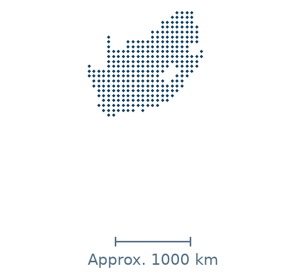 Blue dotted geographic map of south africa, with approximate distance scale