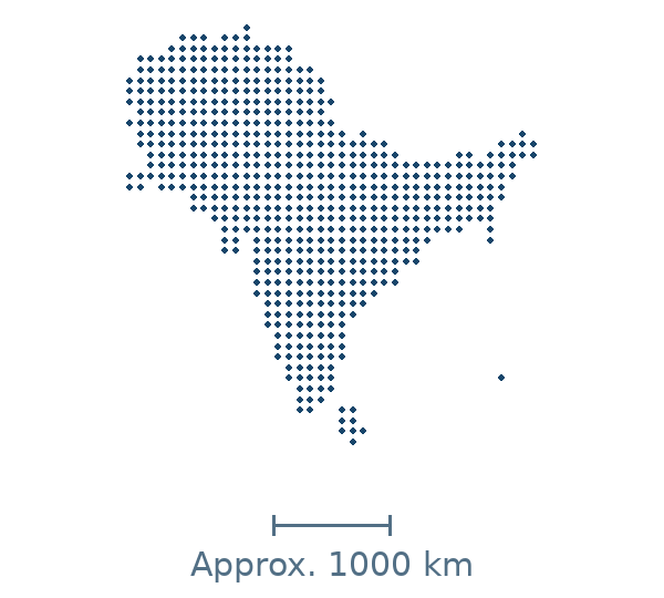 Blue dotted map of South Asia, with an approximate distance scale