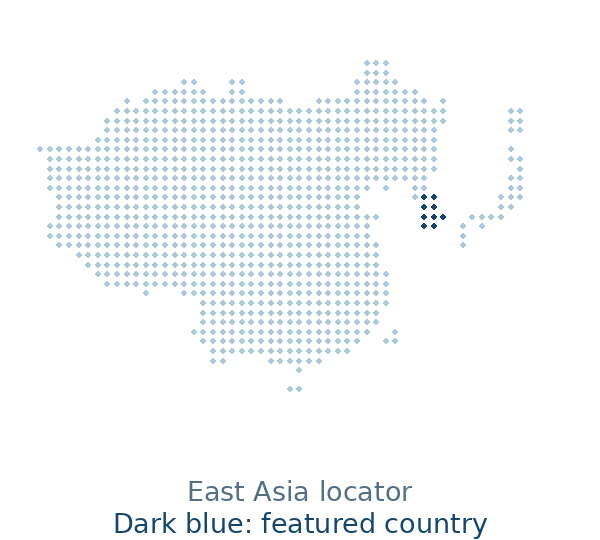 East Asia dotted locator map: South Korea highlighted in dark blue, neighbors in light blue