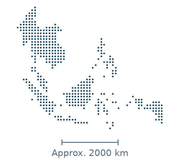 Blue dotted geographic silhouette of Vietnam, Thailand, Singapore, Malaysia, Indonesia, Philippines, East Timor, Cambodia, Laos, Myanmar, Brunei, with an approximate distance scale