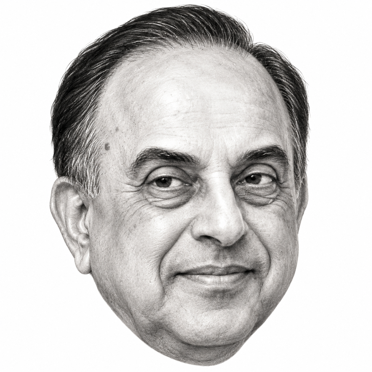 AI-assisted black-and-white portrait illustration of Subramanian Swamy
