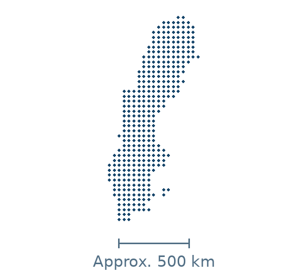 Blue dotted map of sweden in Europe, with approximate distance scale
