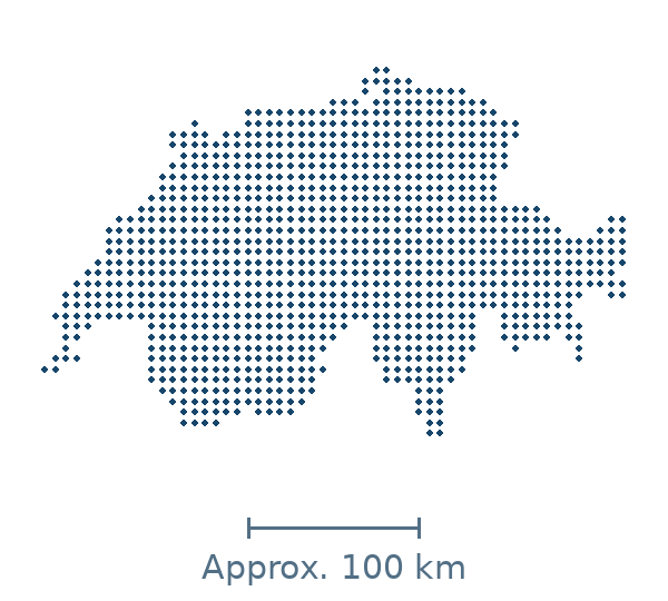 Blue dotted map of switzerland in Europe, with approximate distance scale