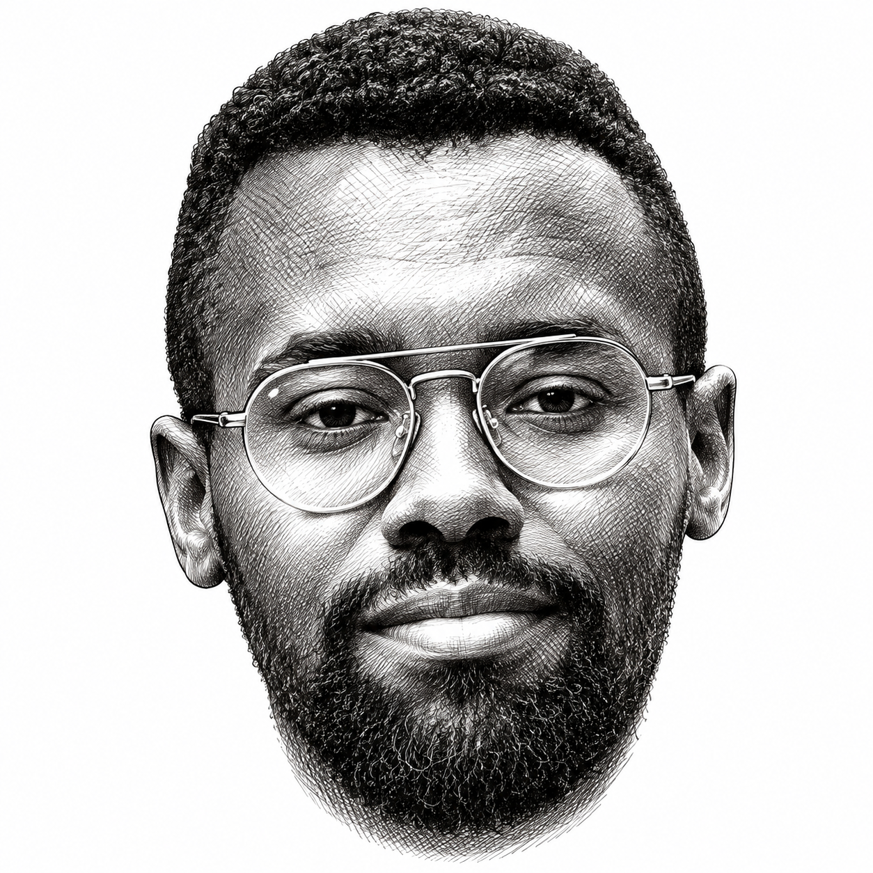 AI-generated black-and-white head-only illustration of Tamer Masudin