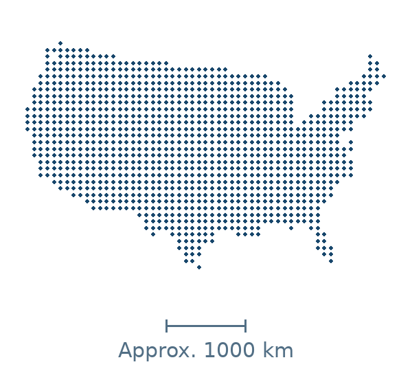 Blue dotted map of the contiguous United States, excluding Alaska and Hawaii, with approximate distance scale