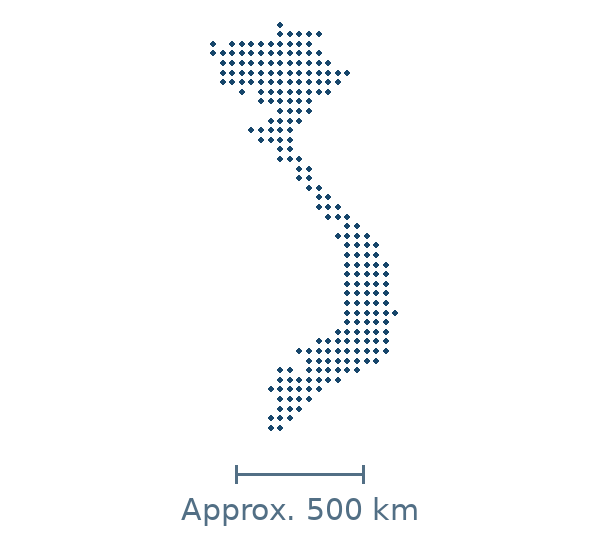 Blue dotted geographic silhouette of Vietnam, with an approximate distance scale