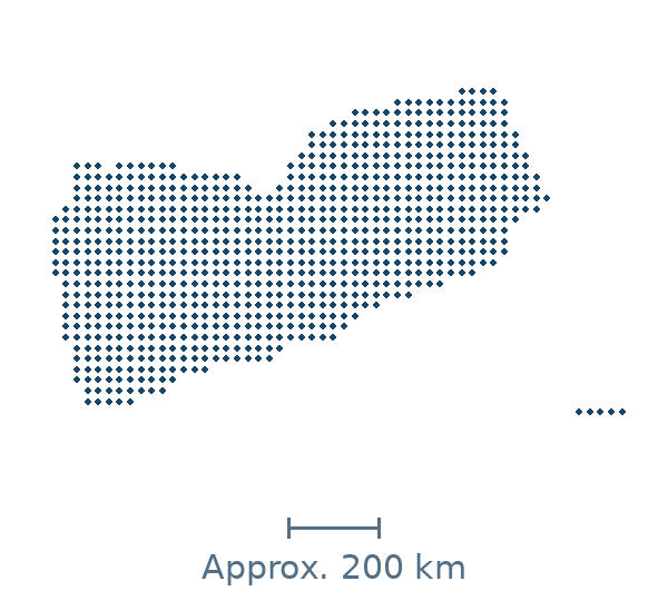 Blue dotted geographic map of yemen, with approximate distance scale
